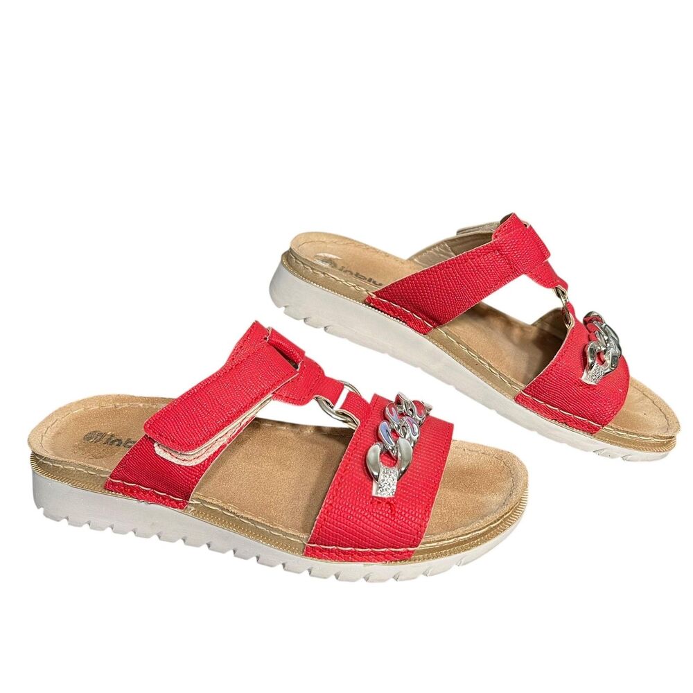 Inblu Shoes Womens Size US 7.5 Red Slide Sandals Chain Leather Footbed Slip On
